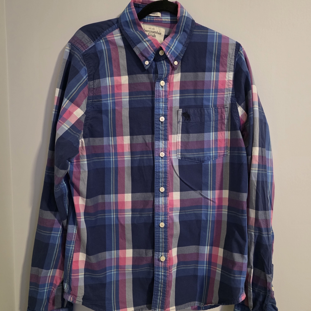 Abercrombie & Fitch Plaid Button-Up Shirt Blue Pink XL Muscle Fit - Picture 3 of 9